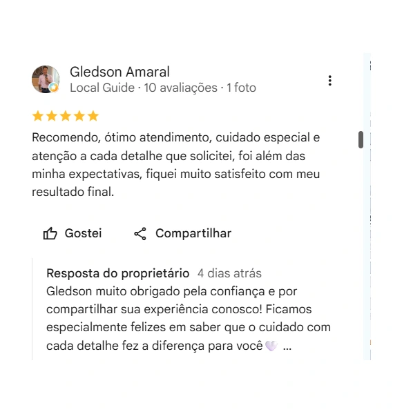Avaliação 5 estrelas de Gledson Amaral no Google sobre o Galdino Institute