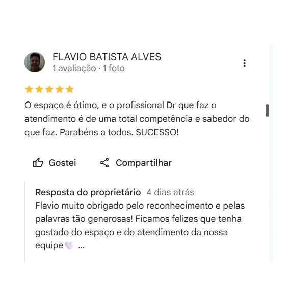 Avaliação 5 estrelas de Flavio Batista Alves no Google sobre o Galdino Institute
