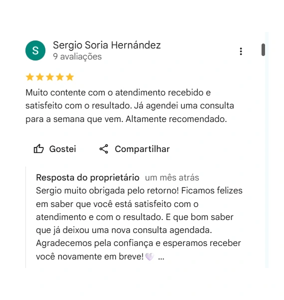 Avaliação 5 estrelas de Sergio Soria Hernández no Google sobre o Galdino Institute
